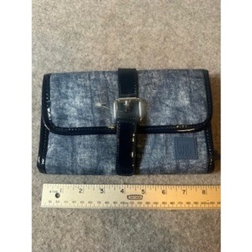 HKWP Blue Denim Print Acid Wash Organizer Wallet Navy Patent Trim Buckle Detail